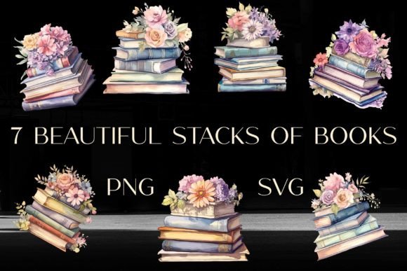 7 Book Stacks with Flowers Graphics for Creative Projects