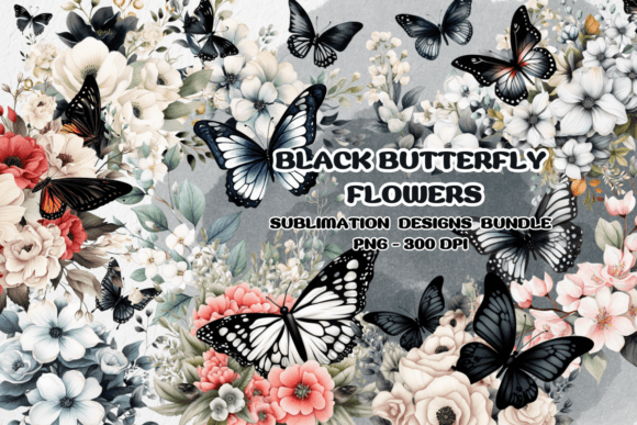 Black Butterfly Flowers Watercolor Graphics