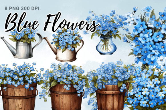 Blue Flowers in a Wood Basket Graphics