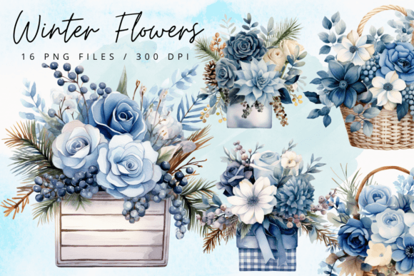 Blue Flowers Watercolor Clipart Graphics for Branding