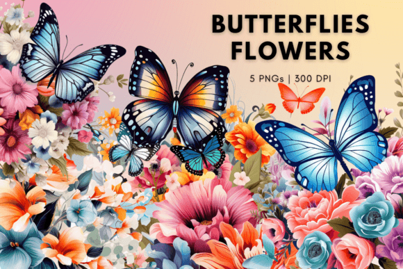 Butterfly Flowers Watercolor Clipart Graphics