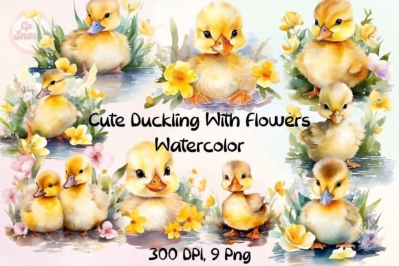 Cute Duckling with Flowers Watercolor Graphics