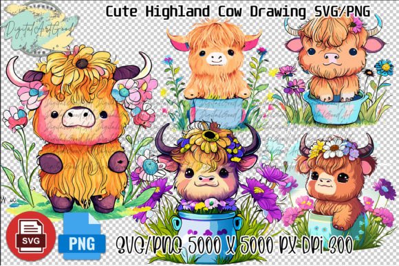 Cute Highland Cow Colorful Flowers SVG
