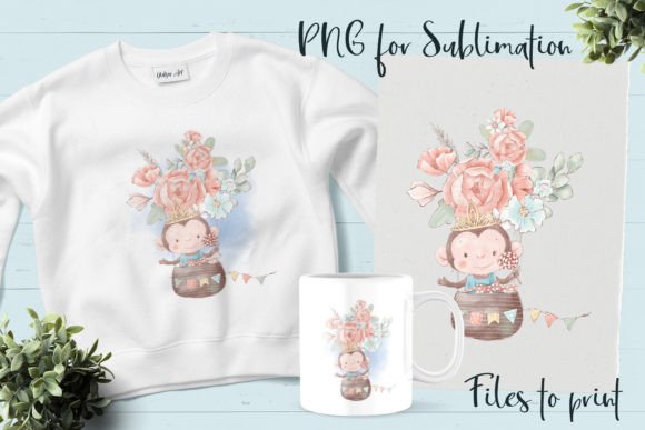 Cute Monkey in a Balloon of Flowers Graphics