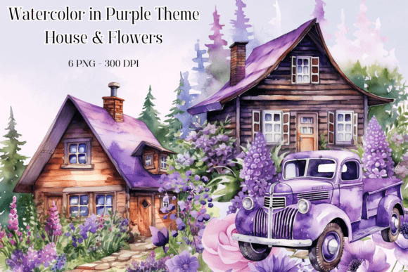 Flowers House in Purple Watercolor Graphics