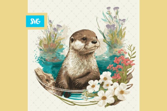 Otter in Water with Flowers Graphics