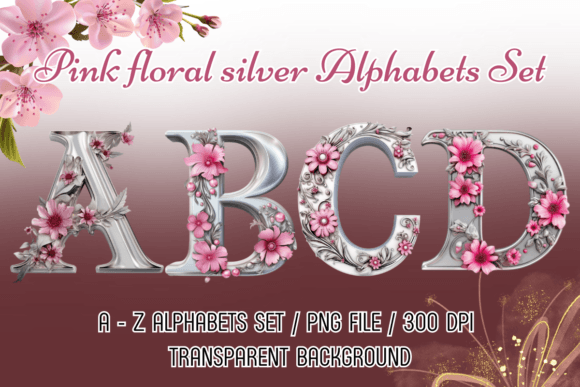 Pink Flowers Silver Alphabets Graphics