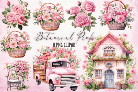 Pink Flowers Watercolor Clipart Graphics
