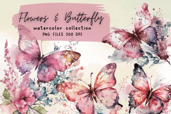 Pink Watercolor Flowers Butterfly Graphics
