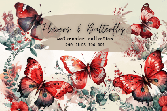 Red Watercolor Flowers Butterfly Graphics