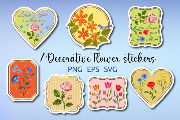 Set of 7 Stickers with Flowers Graphics