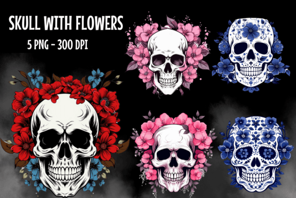 Skulls with Flowers Watercolor Halloween