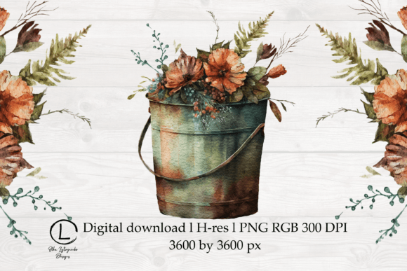 Watercolor Bucket of Flowers Graphics