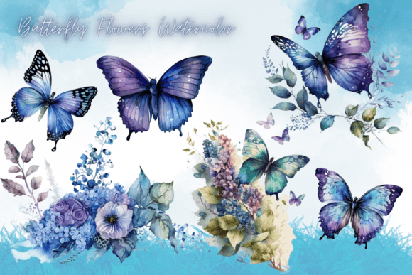 Watercolor Butterfly Purple Flowers