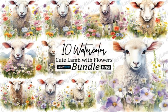 Watercolor Cute Lamb with Flowers Graphics