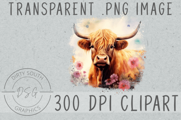 Watercolor Highland Cow Flowers