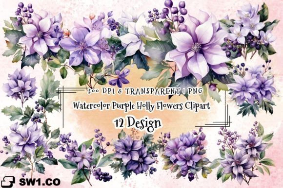 Watercolor Purple Holly Flowers Graphics